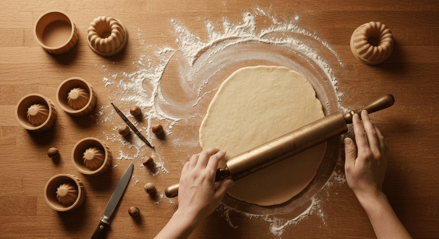 Pâte étalée au rouleau en laiton sur un plan de travail fariné, moules en silicone et cercles à tartelette