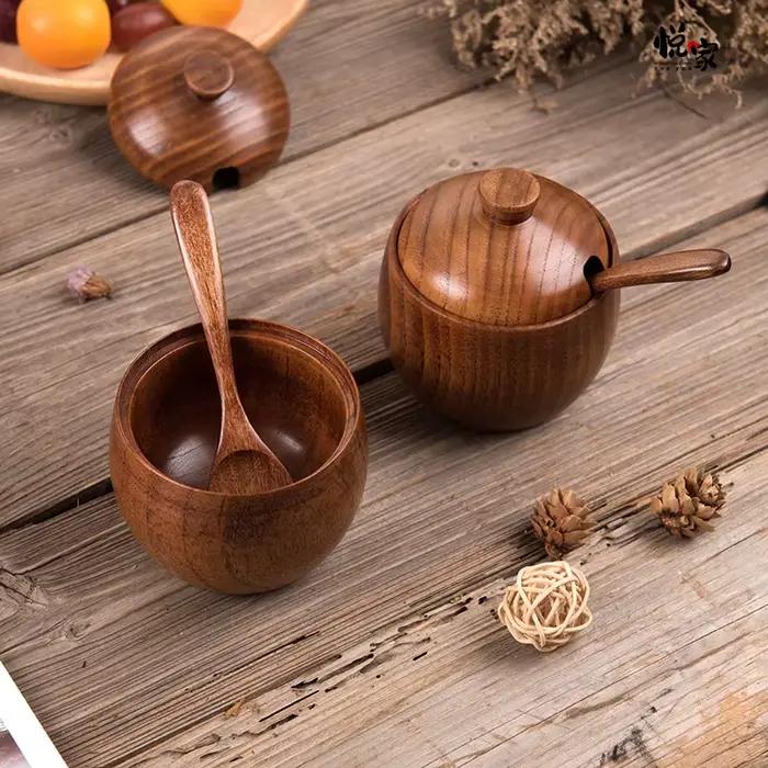 Pot d'assaisonnement en bois cuisine créative rétro sel Pot de sucre pot de stockage d'assaisonnemen