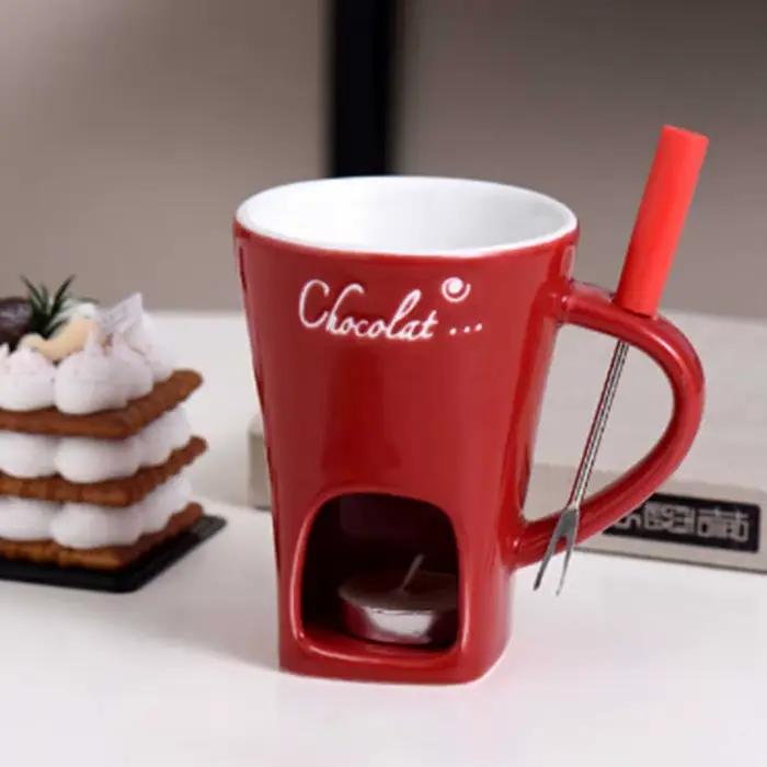 Mug à fondue au chocolat, mug à fondue au fromage avec fourchette pour une soirée romantique, tasse 