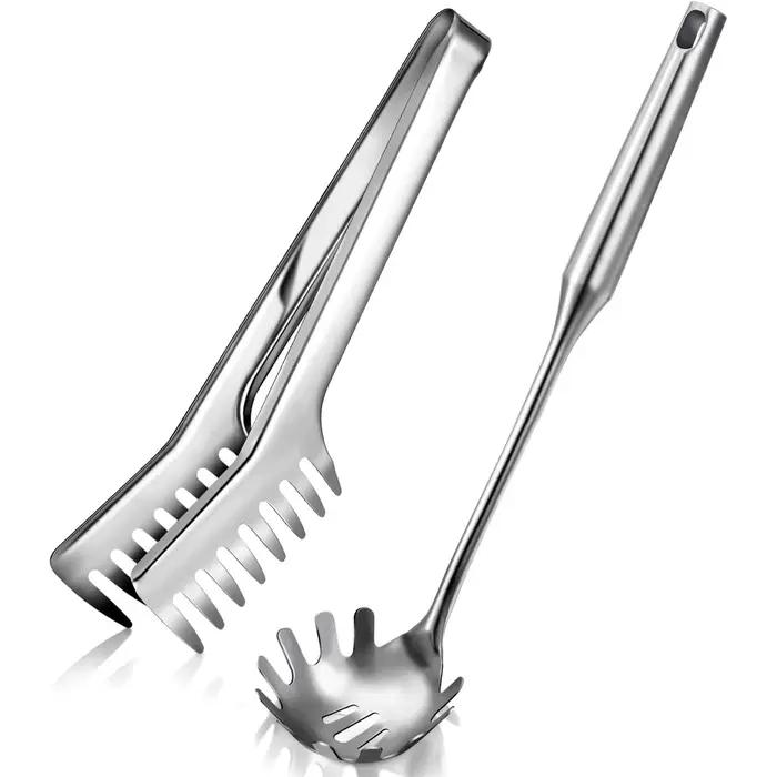 Cuillère à pâtes en acier inoxydable à dents, grand ustensile à spaghetti, pince de 9,4'' et fourche