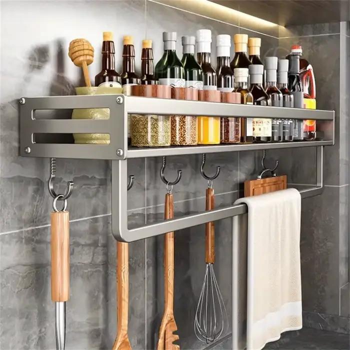 Étagère à épices murale en aluminium, étagère multifonctionnelle pour articles, crochets pour outils