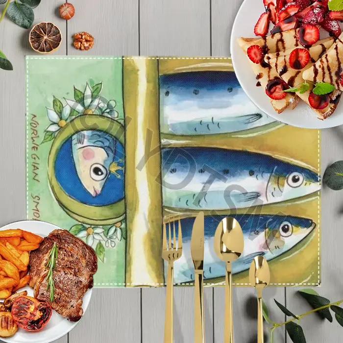 Tapis de Table imprimé créatif en forme de boîtes de sardine colorées, pour la cuisine, poisson, océ
