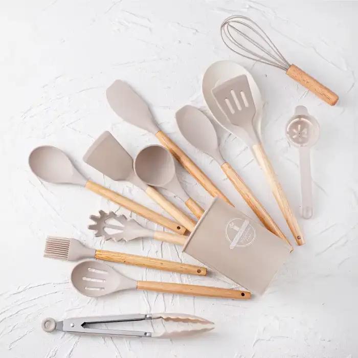 Ensemble d'ustensiles en silicone avec support en plastique, 14 pièces