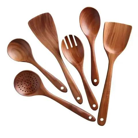 Lot de 6/10 cuillères en bois pour la cuisine – Ensemble d'ustensiles en teck naturel, faciles à net