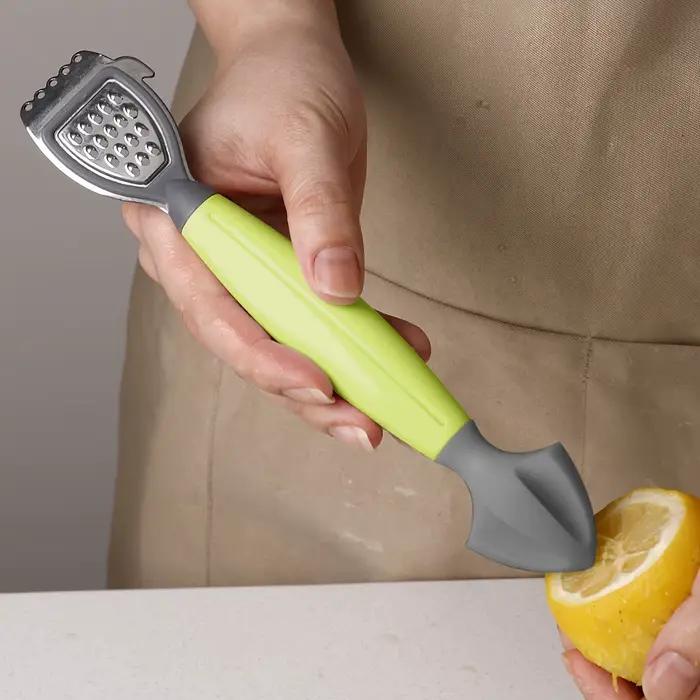 Zesteur de citron et presse-agrumes multifonctionnel, lame en acier inoxydable à poignée verte pour 