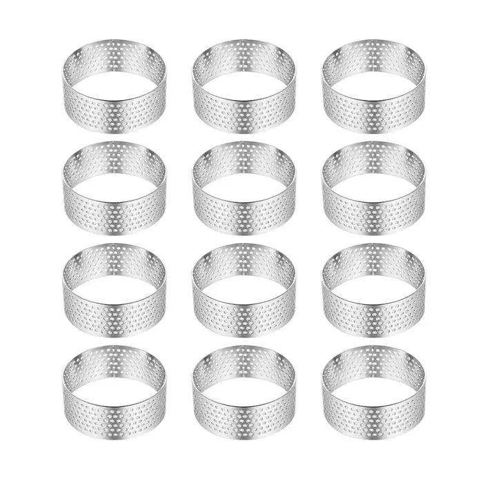 Ensemble de 12 Cercles à Tarte Ronds en Acier Inoxydable - Moules Perforés pour Mousses et Desserts,