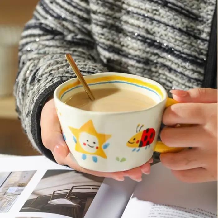 Tasse en céramique belle peinte à la main avec poignée de lune tasse de petit déjeuner créative verr
