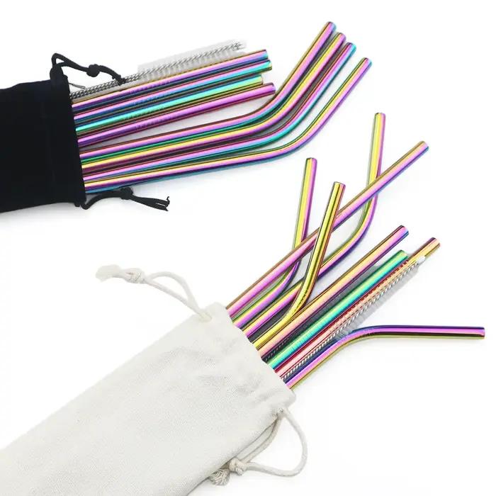 Pailles métalliques colorées réutilisables, ensemble de pailles en acier inoxydable 304 avec barre d