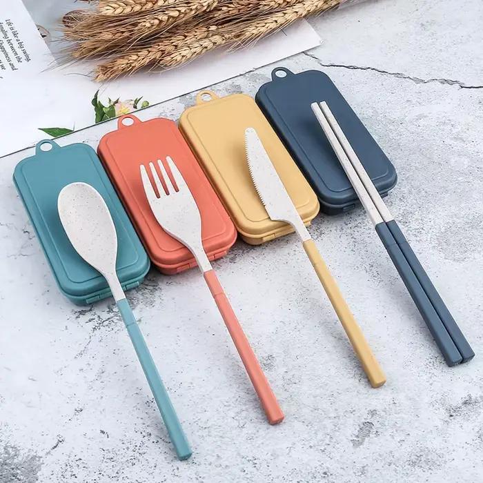 4 pièces ensemble de vaisselle Portable paille de blé vaisselle couverts détachables vaisselle de vo