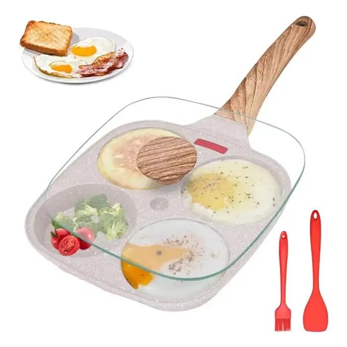 Poêle à omelette 4 trous avec couvercle en verre, antiadhésive, pour induction et gaz, petite capacité, ustensile de cuisine universel pour petits déjeuners et brunchs