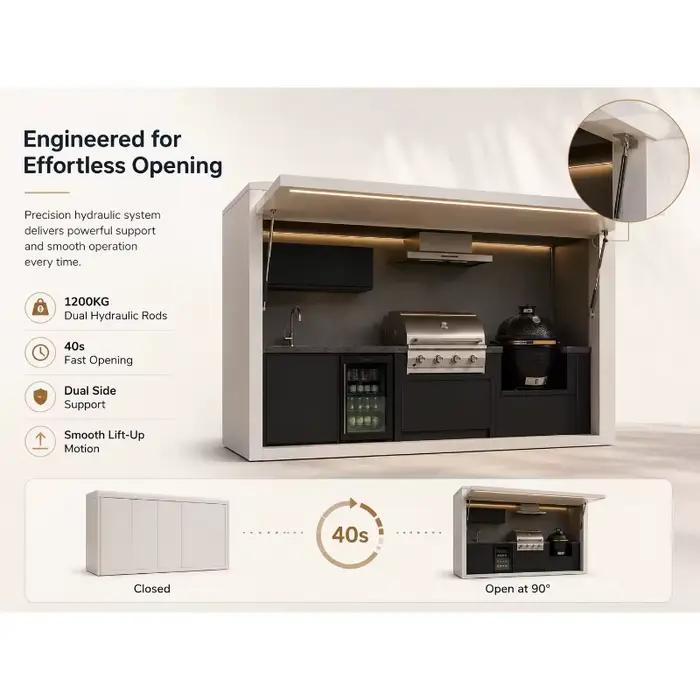 Meubles de cuisine modulaires d'extérieur préfabriqués avec barbecue, évier, rangement et plan de travail pour jardin, patio et cuisson au bord de la piscine
