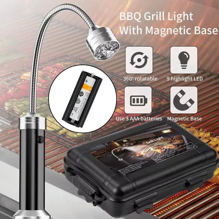 Lampe de gril – Accessoires de barbecue pour l'extérieur avec base magnétique, col flexible à 360 degrés, résistant à l'eau et à la chaleur, aucune batterie incluse