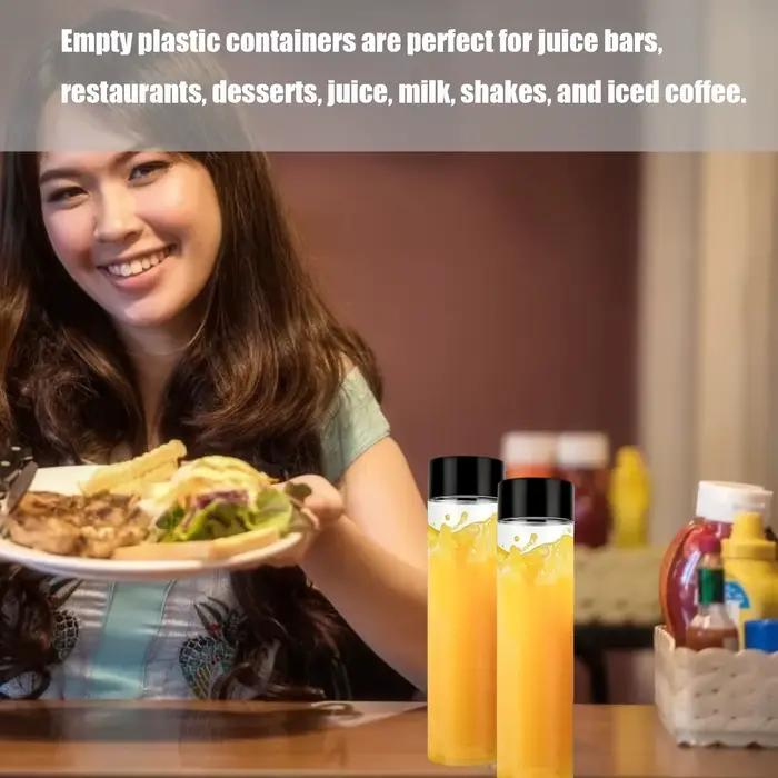 Bouteilles de jus de fruits en plastique transparentes et réutilisables pour usage intérieur et extérieur, avec choix de couleurs et capacités variées pour adultes occasions spéciales