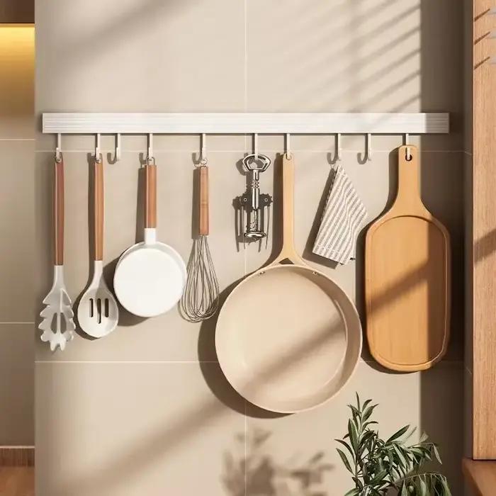 Étagère de rangement murale pour cuisine sans perçage avec crochets mobiles et support pour cuillères