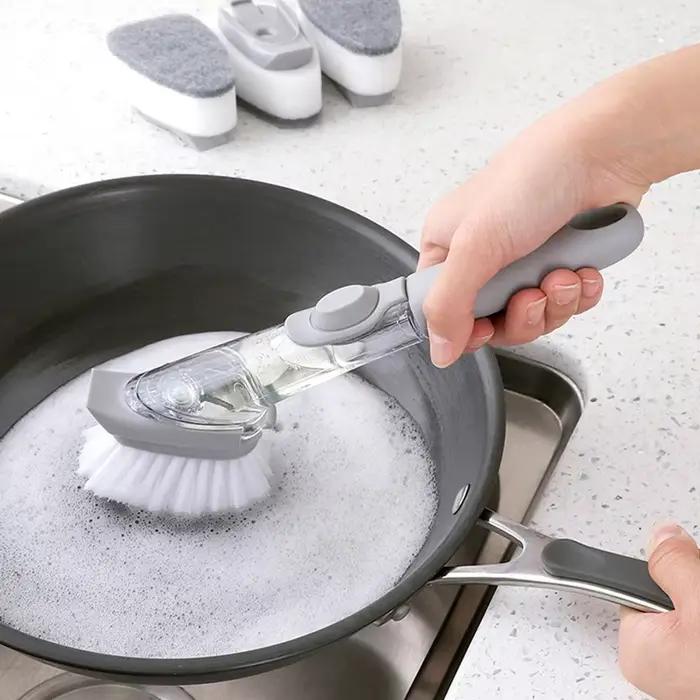 Brosse de lavage de vaisselle avec distributeur de liquide, éponge de lavage de cuisine multifonction, nettoyeur paresseux, outils de support 007
