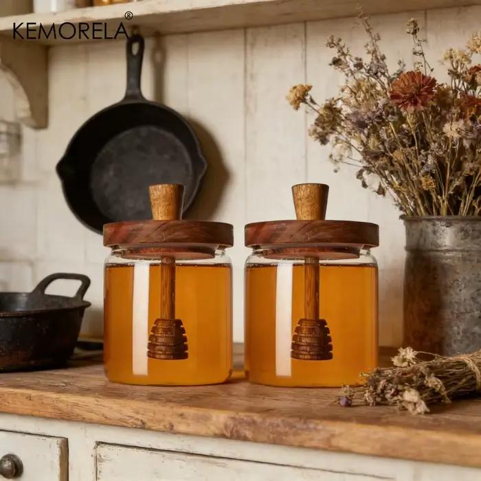 1/2 Bouteilles en verre pour le stockage du miel avec cuillère et couvercle