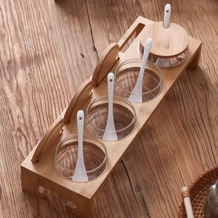Ensemble de pots à épices en verre hermétique de 6 pièces avec support organisateur en bois