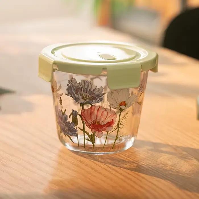 Boîte de conservation des aliments, fleurs Vintage françaises, boîte scellée résistante à la chaleur pour conservation des aliments frais, bol rond en verre pour pique-nique Bento fruits avec couvercl