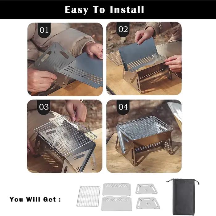 Poêle de randonnée pliant en acier inoxydable, gril à charbon de bois pour barbecue, poêle de camping pour randonnée pique-nique jardin cuisine arrière-cour