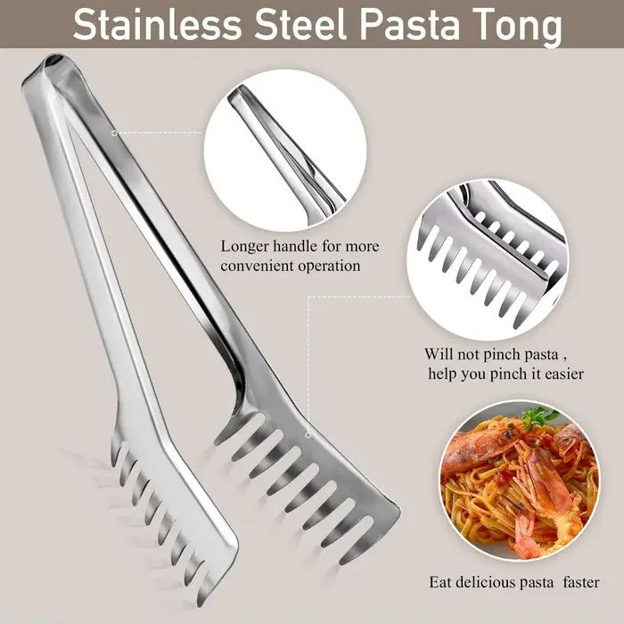 Cuillère à pâtes en acier inoxydable à dents, grand ustensile à spaghetti, pince de 9,4'' et fourchette à pâtes de 13,6'' avec poignée sous vide