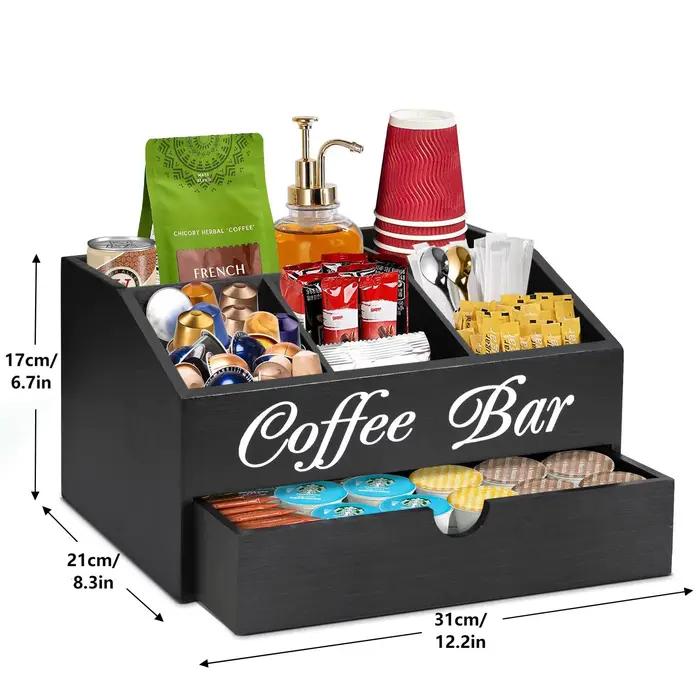 Boîte de rangement en bois pour sachets de café, organisateur d'accessoires de bar à café à double couche avec tiroirs, décoration rustique pour comptoir de bar à café