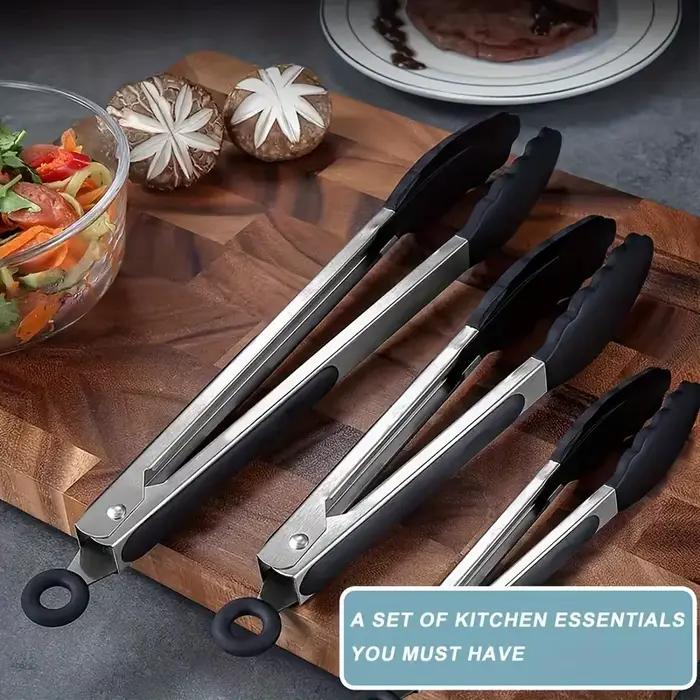Pinces de cuisine robustes en acier inoxydable avec embouts en silicone, résistantes aux hautes températures, design verrouillable, prise en main sécurisée, disponibles en 3 tailles