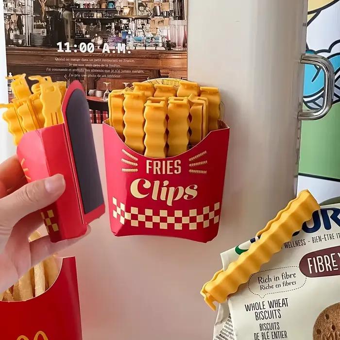 Clips de scellage en forme de copeaux de pommes de terre avec boite de rangement pour snacks conservation fraîcheur réfrigérateur organisation aimants dessin animé pour enfants adultes famille occasions spéciales