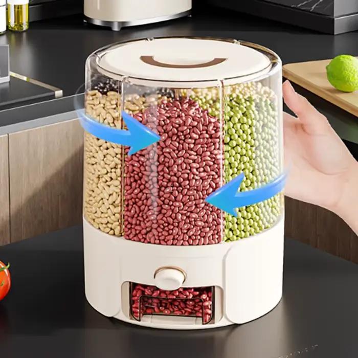 Distributeur de céréales rotatif à 6 compartiments, conteneur de stockage de riz hermétique et anti-humidité, organisateur de céréales de cuisine pour farine et aliments secs