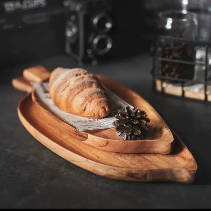 Plateau de service en bois en forme de feuille, étanche, pour steak, sushi, viande grillée, pizza, thé de l'après-midi, usage commercial comme vaisselle