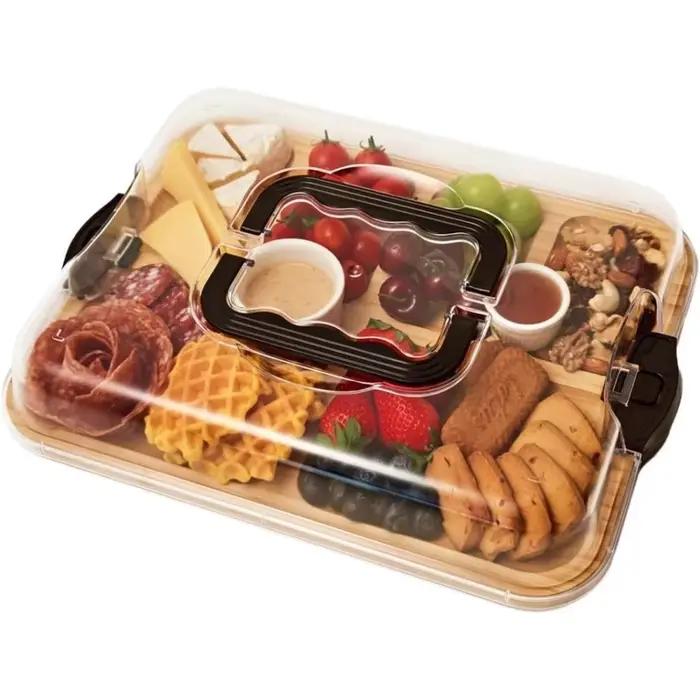 Plateau en bambou, planche à charcuterie en bois avec couvercle en acrylique transparent