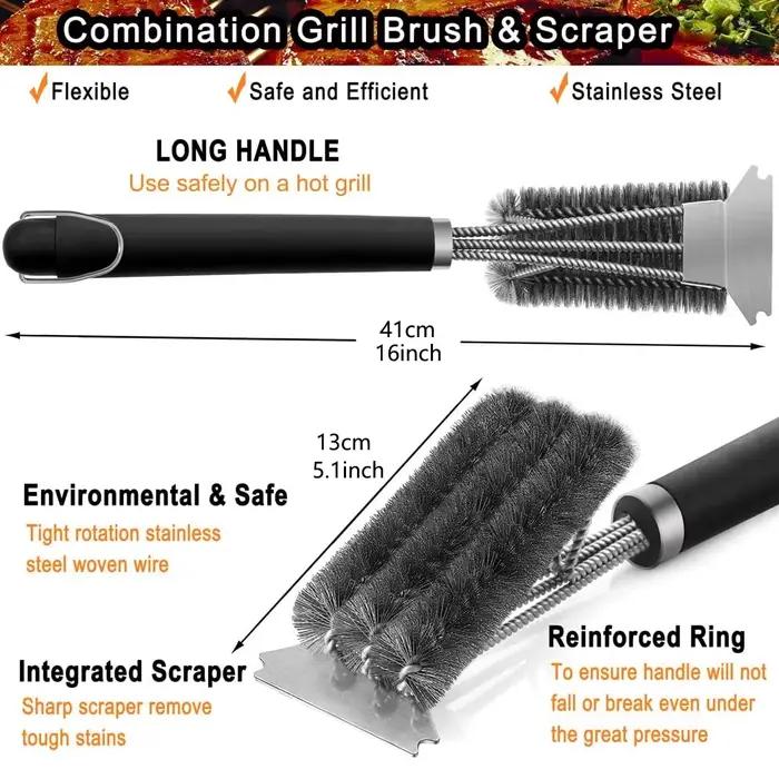 Brosse et grattoir de gril sûrs, brosse de nettoyage de barbecue à poignée avec poils en acier inoxydable, adapté au nettoyeur de grille de gril extérieur