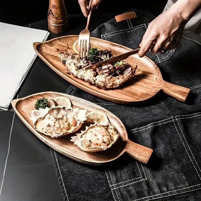Plateau de service en bois en forme de feuille, étanche, pour steak, sushi, viande grillée, pizza, thé de l'après-midi, usage commercial comme vaisselle