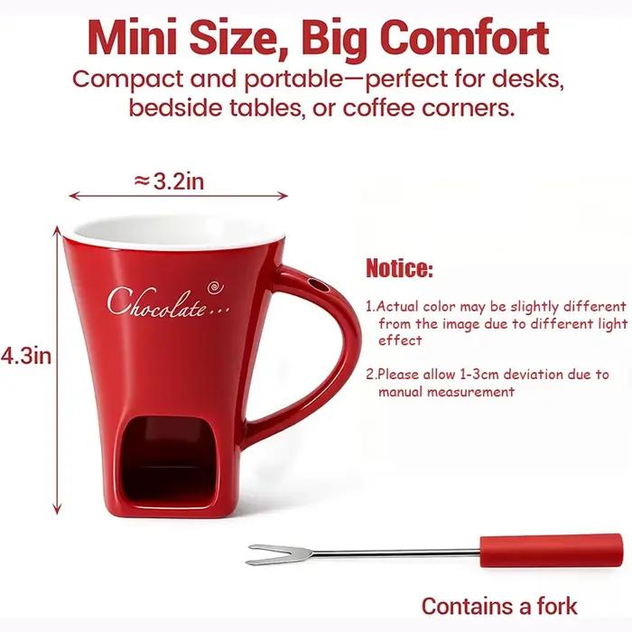 Mug à fondue au chocolat et fromage avec fourchette intégrée pour soirées romantiques et occasions spéciales en céramique haute qualité