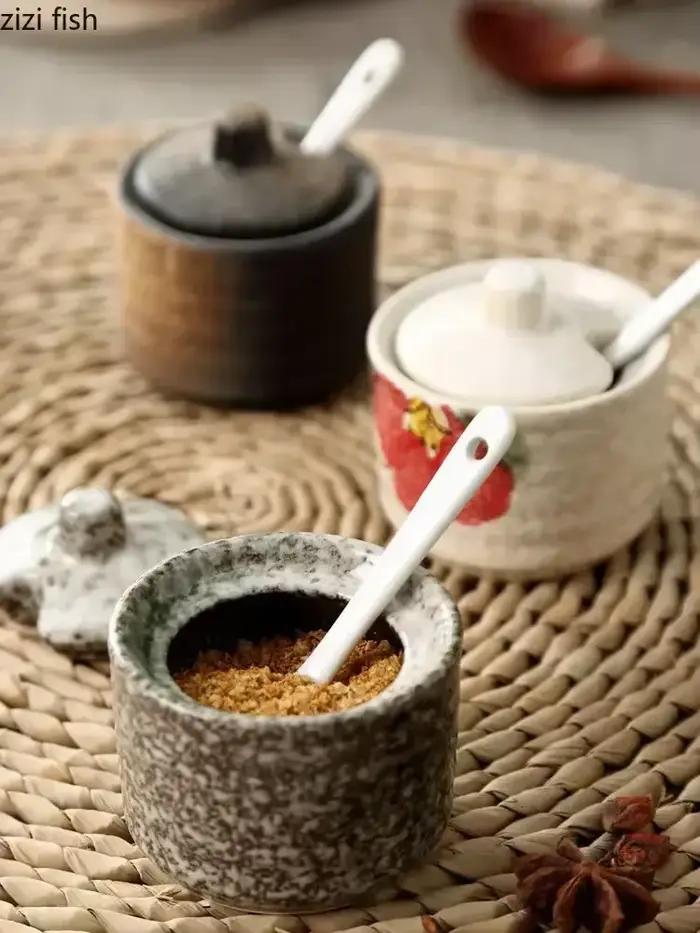 Pots d'assaisonnement en céramique rétro, salière et poivrière, outils à épices de cuisine, organisateur de pots, boîte d'assaisonnement, accessoires de cuisine