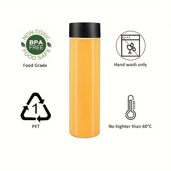Bouteilles de jus de fruits en plastique transparentes et réutilisables pour usage intérieur et extérieur, avec choix de couleurs et capacités variées pour adultes occasions spéciales