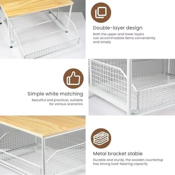 Étagère de rangement double couche pour comptoir de cuisine avec tiroirs pour vaisselle, épices, café, condiments, gain de place