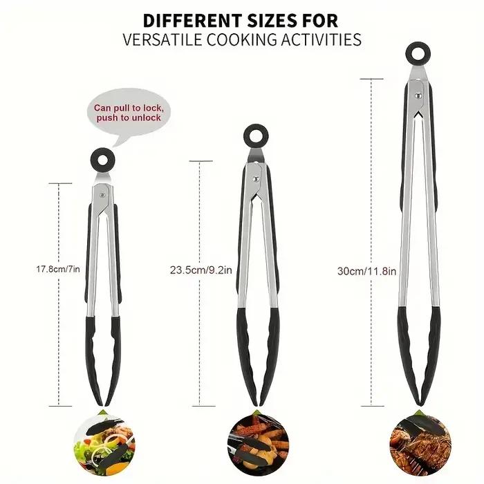 Pinces de cuisine robustes en acier inoxydable, 3 tailles disponibles, avec embouts en Silicone, conception de verrouillage hautement résistante à la chaleur, poignée sécurisée