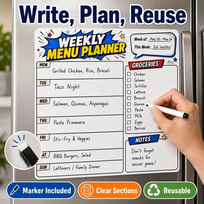 Autocollant de planification de menu hebdomadaire effaçable à sec pour réfrigérateur, avec 1 marqueur effaçable, tableau de planification des repas réutilisable pour la cuisine