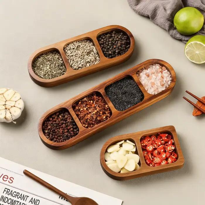 Assiette à condiments divisée en bois massif pour la maison