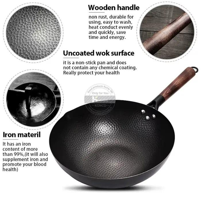 Wok en fonte Konco, poêle en fonte non revêtue