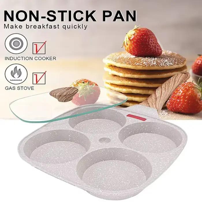 Poêle à omelette 4 trous avec couvercle en verre, antiadhésive, pour induction et gaz, petite capacité, ustensile de cuisine universel pour petits déjeuners et brunchs