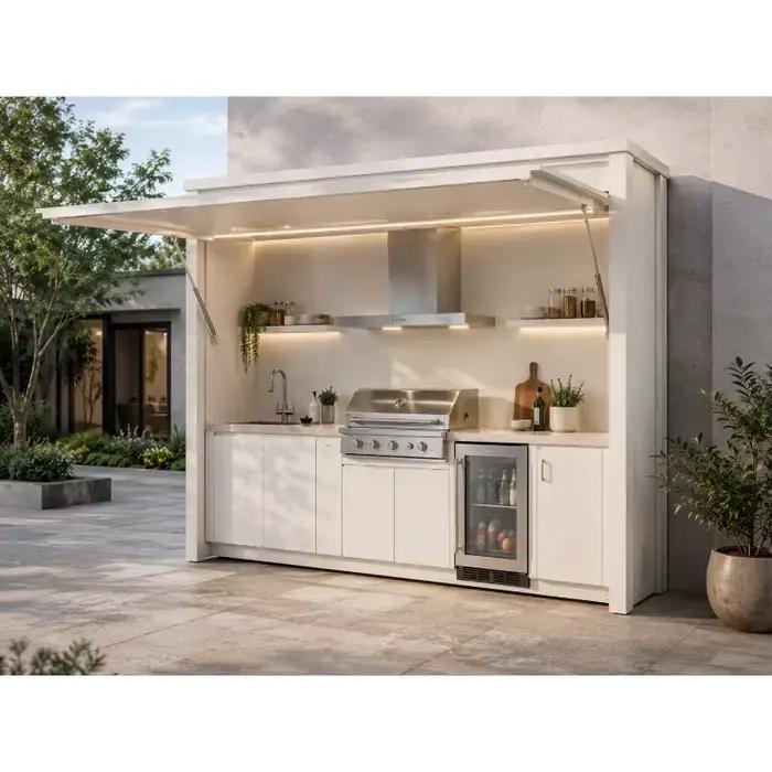 Meubles de cuisine modulaires d'extérieur préfabriqués avec barbecue, évier, rangement et plan de travail pour jardin, patio et cuisson au bord de la piscine