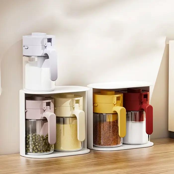 Récipient à sel 2 en 1 scellé, conception de verrouillage anti-poussière, bouteille d'épices en verre cuillère séparée, boîte d'assaisonnement en verre étanche à l'humidité