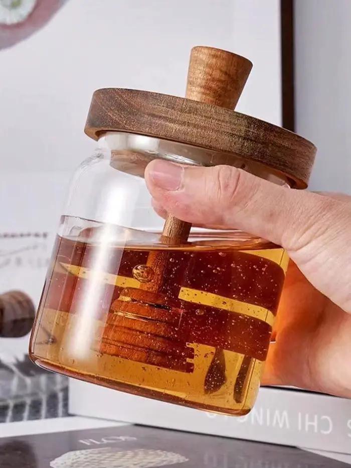 1/3 bouteilles de stockage en verre, pots à miel avec cuillère et couvercle, contenants à miel à large ouverture, distributeur de sirop pour le stockage du miel et du sirop