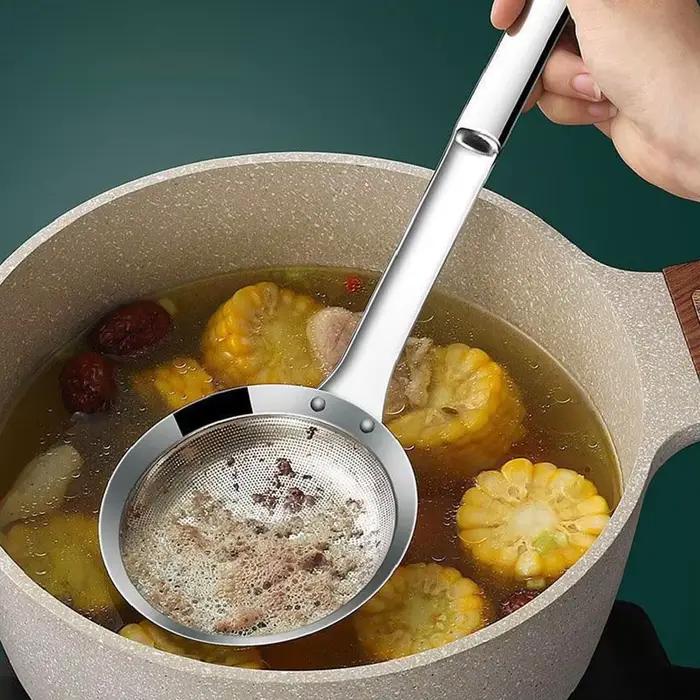 Écumoire en acier inoxydable 304 à mailles fines pour supprimer la graisse et la mousse, outil de cuisine élégant et polyvalent pour soupes et plats mijotés