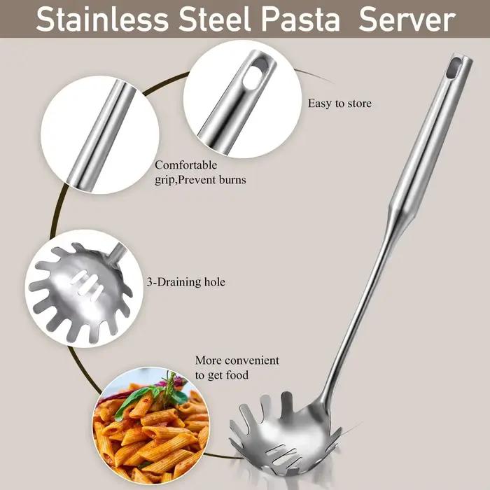 Cuillère à pâtes en acier inoxydable à dents, grand ustensile à spaghetti, pince de 9,4'' et fourchette à pâtes de 13,6'' avec poignée sous vide