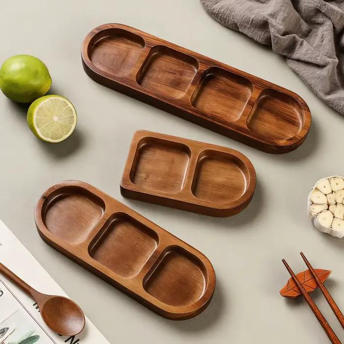 Assiette à condiments divisée en bois massif pour la maison