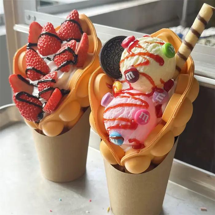 Ensemble de 2 pièces de cuillère à crème glacée, sucre sucré, Harvey, chocolat aiss, glace, snacks de rue, modèle de vente sur le marché, gaufre à bulles, cadeau