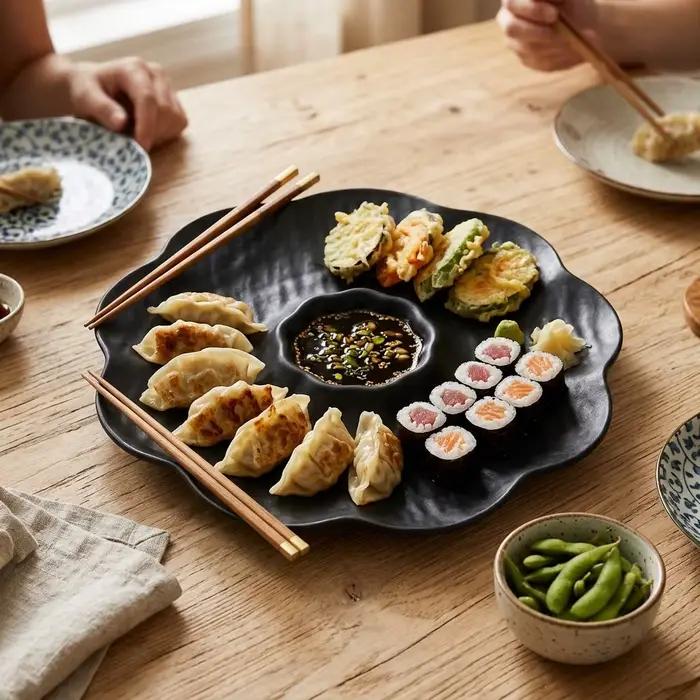 Plateau à dumplings japonais en plastique avec coupelle à sauce