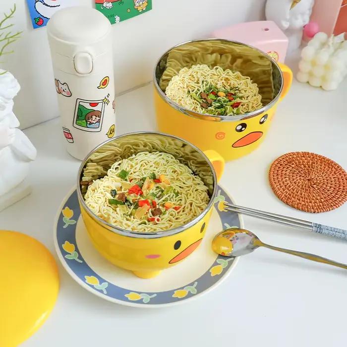 Bol à nouilles Ramen en forme de canard Kawaii, avec couvercle, mignon, cuisine en acier inoxydable, salade instantanée de fruits, soupe de riz, bol Double couche, vaisselle